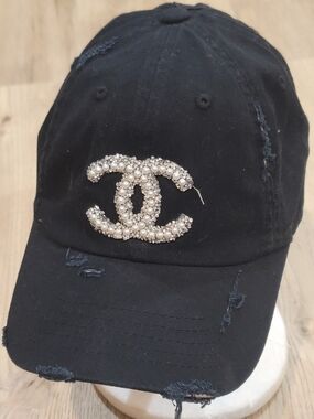 Black Baseball Cap Hat with Pearl-Embellished Logo & Pony Tail Openning